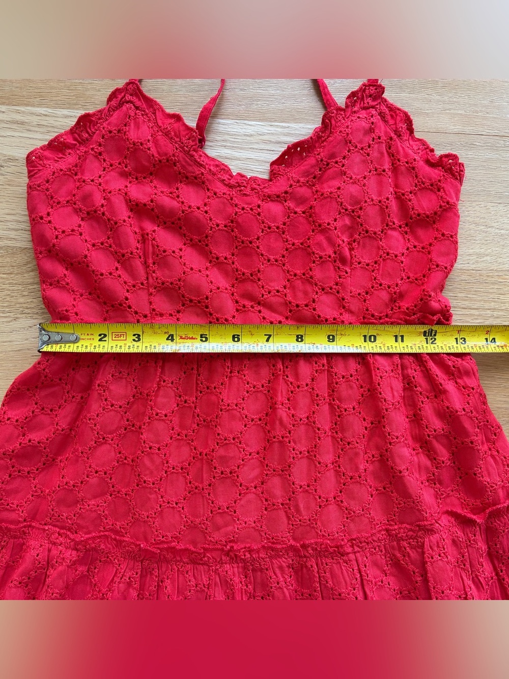 Sim & Sam S Red Eyelet Tiered Spaghetti Strap Sundress Smocked Back Pockets - Picture 7 of 12